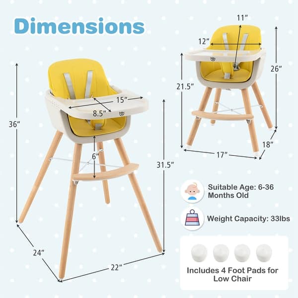 dimension image slide 4 of 5, Costway 3 in 1 Convertible Wooden High Chair Toddler Feeding Chair - See Details