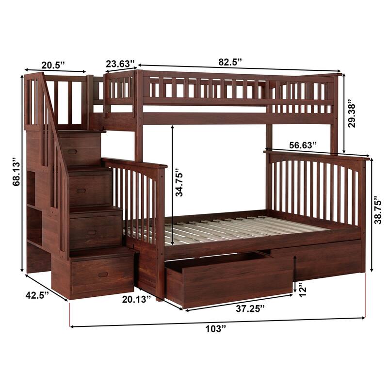 AFI Columbia Twin over Full Size Staircase Bunk Bed with Bed Drawers & Charging Station in Walnut