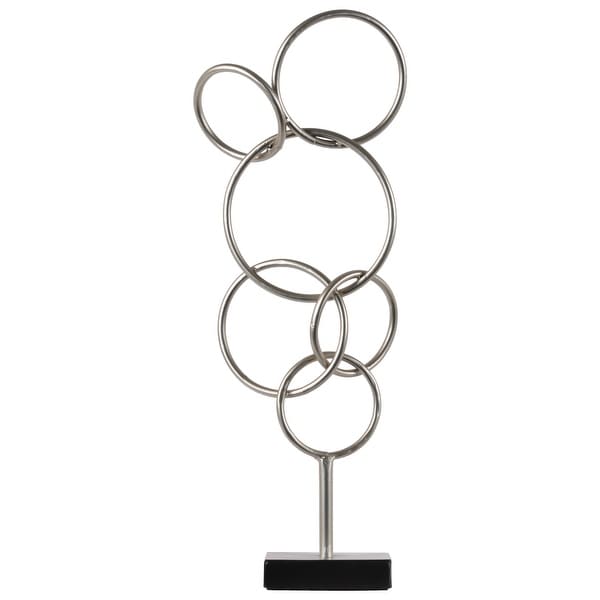 Cascading Interlooping Circles Metal Sculpture on Square Base, Metallic Silver