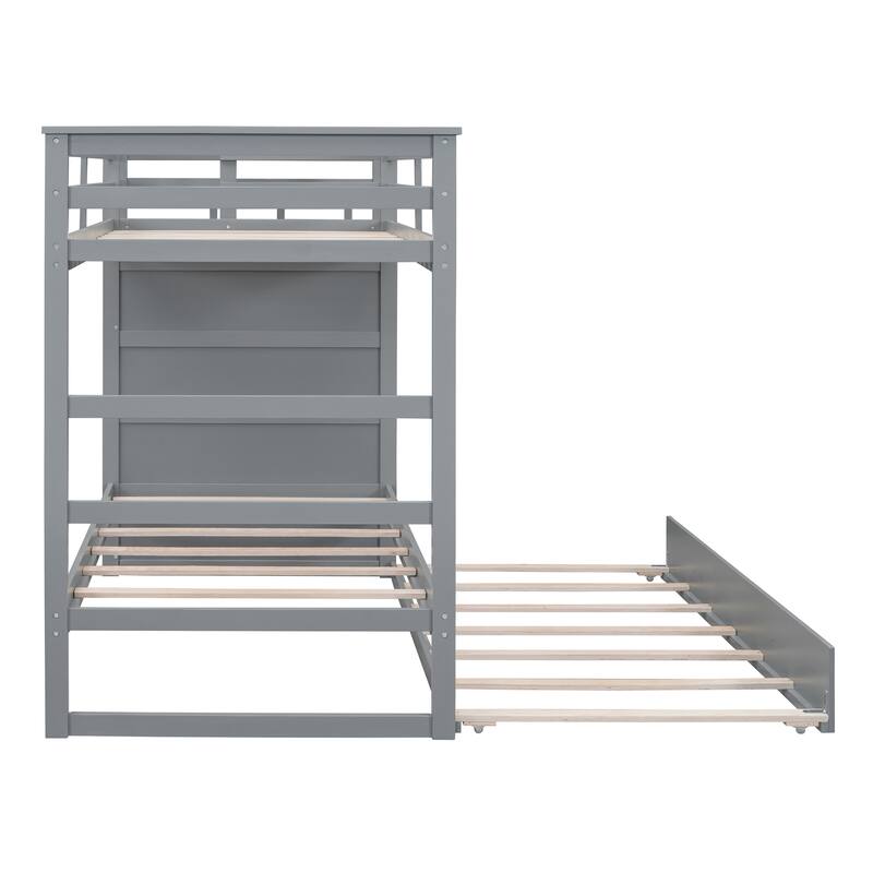 Twin Over Twin Bunk Bed with Trundle and Staircase, Gray