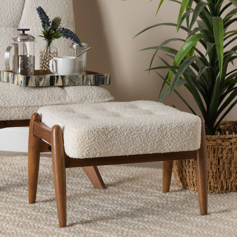 Jeanine Japandi Cream Boucle Fabric and Walnut Brown Finished Rubberwood Ottoman Footstool