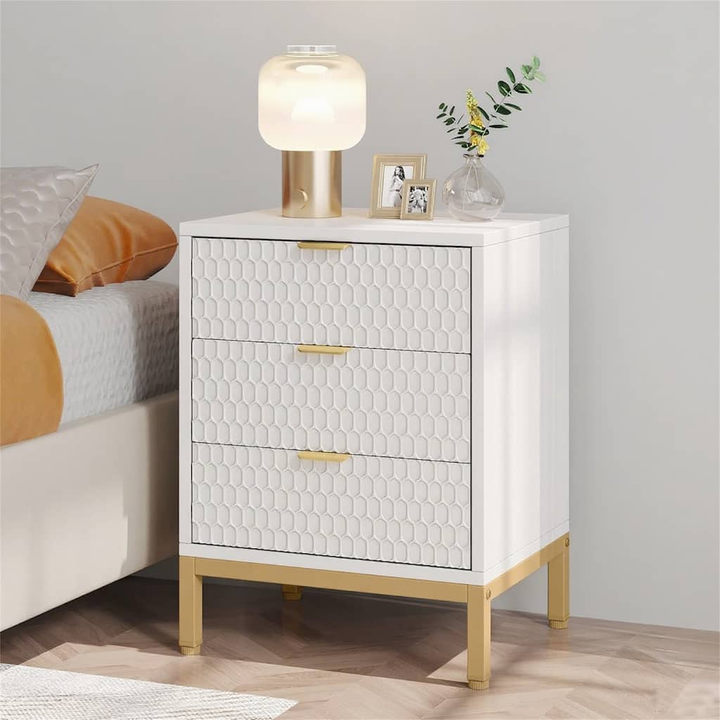19.7-Inches Modern White and Gold 3-Drawer Nightstand