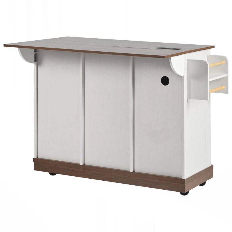 Farmhouse Kitchen Island with Drop Leaf, Kitchen Storage Island with Barn Door, Power Outlet, Rolling Kitchen Cart on Wheels