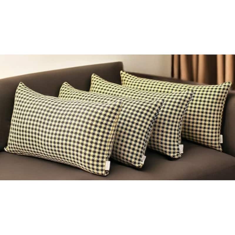 Set of Four 12" X 20" Yellow and Black Houndstooth Fabric Lumbar Throw Pillows - Yellow/Black