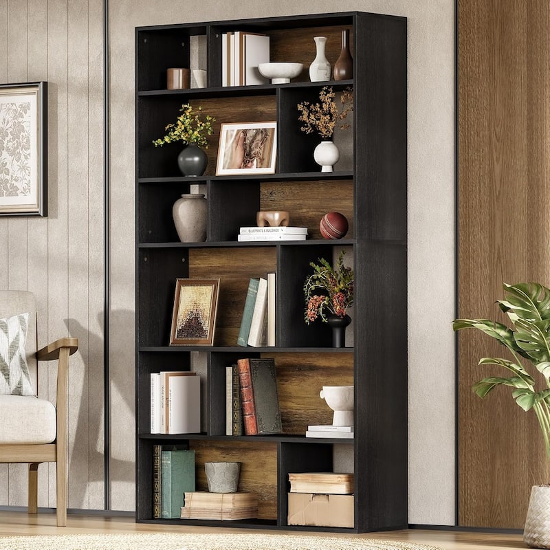 6-Tier Bookcase Bookshelf, 70.9" Tall Black Bookshelf Geometric Display Shelf