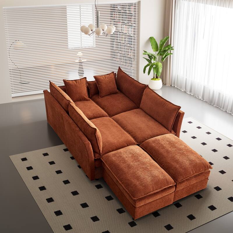 142.52" U-Shaped 6-Seater Sectional Sofa with Convertible Chaise and Ottomans, Spacious Cloud Couch for Comfort