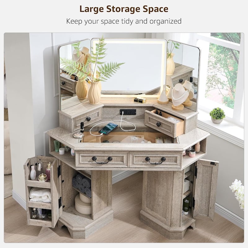 Makeup Vanity Desk with 3 Way Mirror, Glass Top & Charging Station