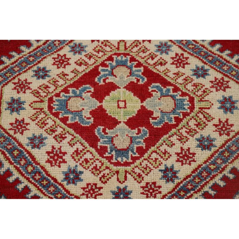Red Geometric Kazak Runner Rug Handmade Oriental Wool Carpet - 4'1" x 13'8"
