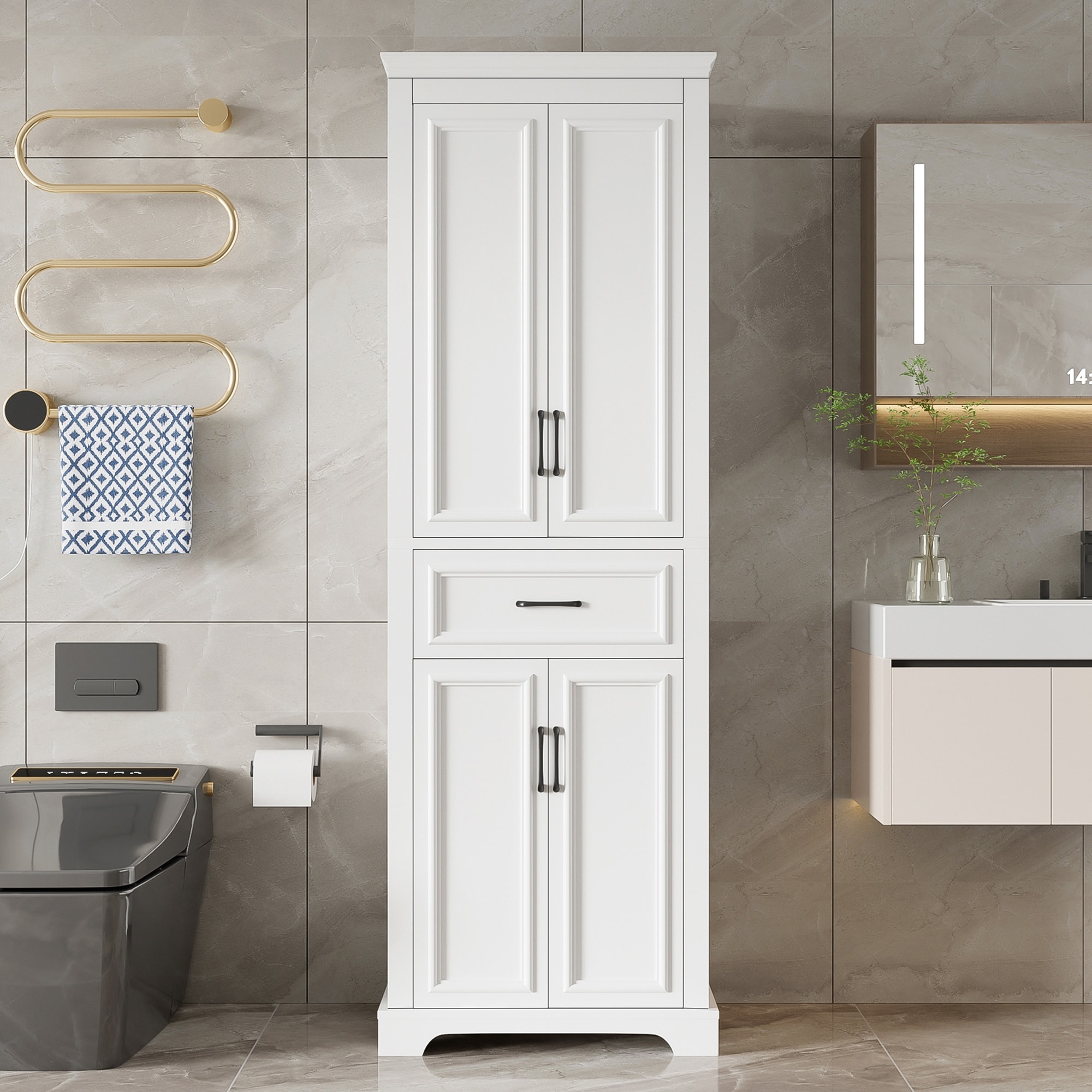 70.8" Freestanding Bathroom Vanity, Modern Elegant Design, 4 Doors & 1 Drawer, Space-Saving Storage with Adjustable Shelves