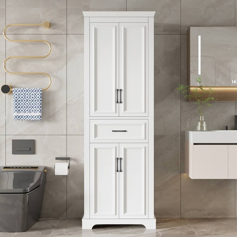 Modern Elegant White Tall Cabinet Freestanding Storage Cabinet for Bathroom with Adjustable Shelves and Damping Hinge Doors - White