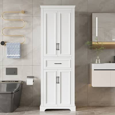 Modern Elegant White Tall Cabinet Freestanding Storage Cabinet for Bathroom with Adjustable Shelves and Damping Hinge Doors