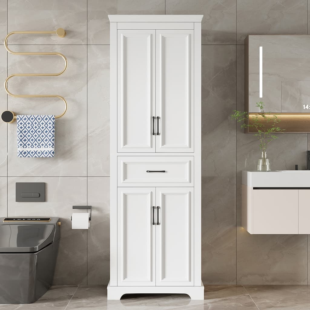 Modern Elegant White Tall Cabinet Freestanding Storage Cabinet for Bathroom with Adjustable Shelves and Damping Hinge Doors