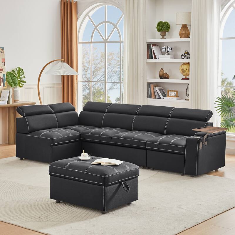 Modern Sectional Sofa Bed with USB Ports and Storage Ottoman and Swivel Table for Living Room and Guest Room - Black