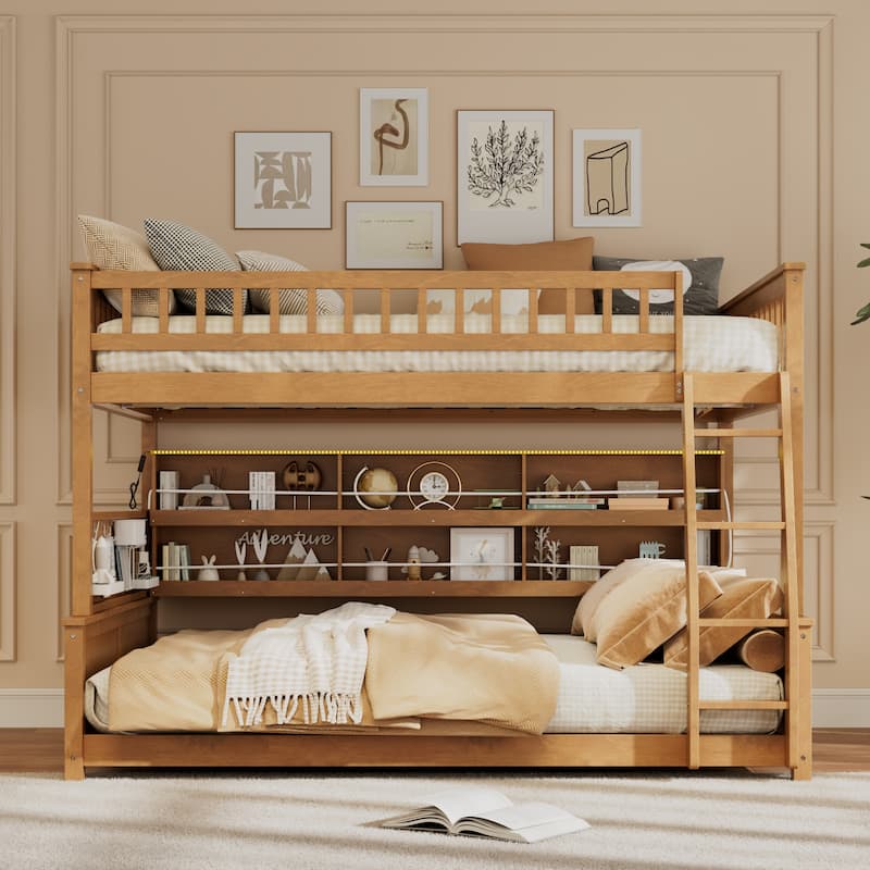 Kids Bunk Bed Frame with Integrated Shelving, Light Strip and Pegboard, Convertible into Floor Platform Bed and Low Loft Bed