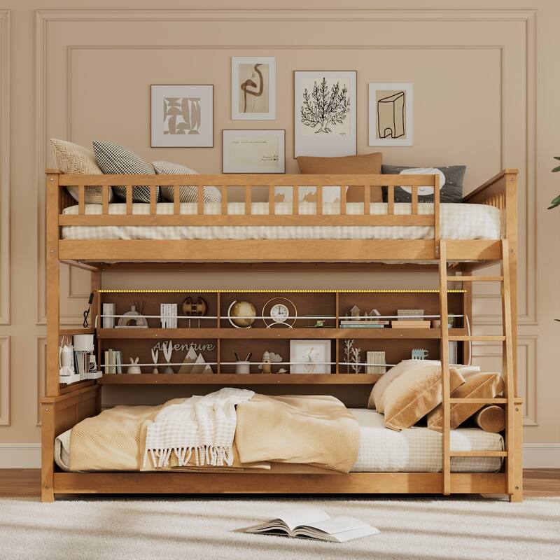 Roomfitters Full XL over Queen Bunk Bed with Storage Shelf, Pegboard and LED Lights