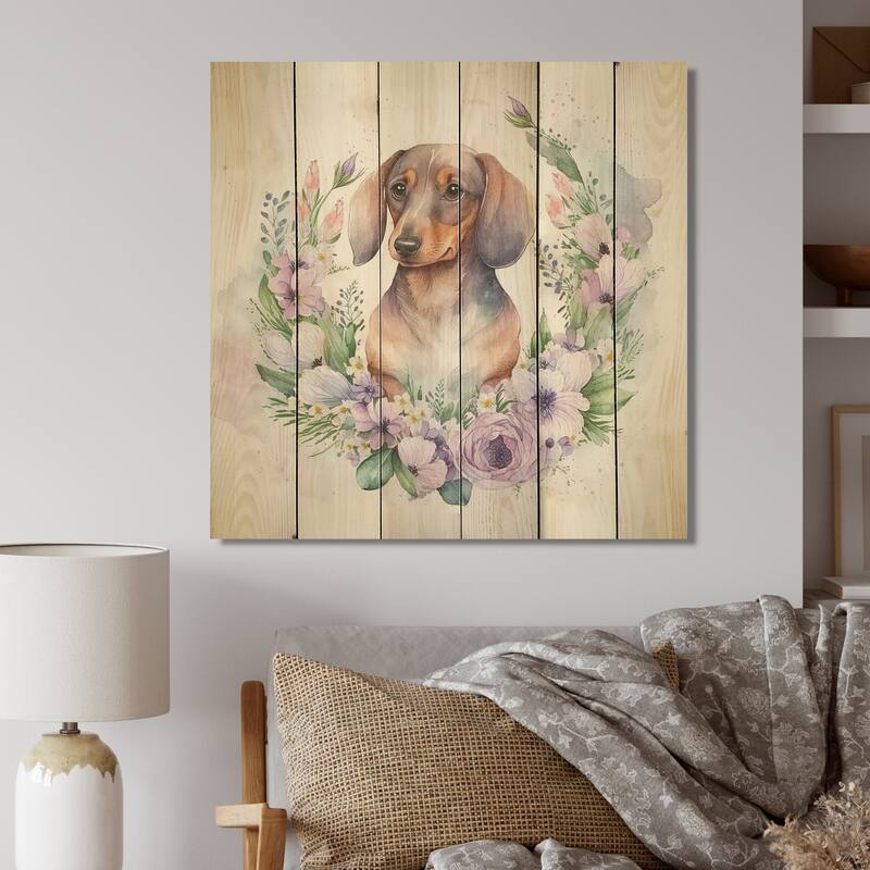 Designart 'Monochrome Dachshund' Animals Dog Wood Wall Art - Natural Pine Wood