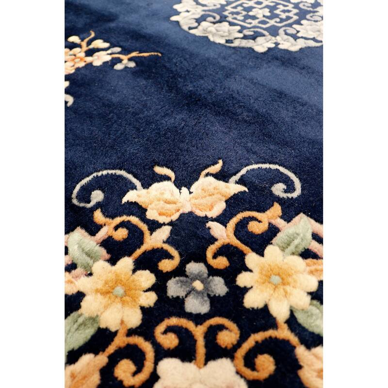Pasargad Home Antique Art Deco Collection Navy Wool Area Rug 7'10'' X 10' 3'' On Sale Bed