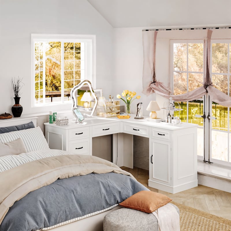 White Corner Vanity Desk: 2 - in - 1 Makeup & Work Station, Space - Saving Bedroom Vanity Dresser