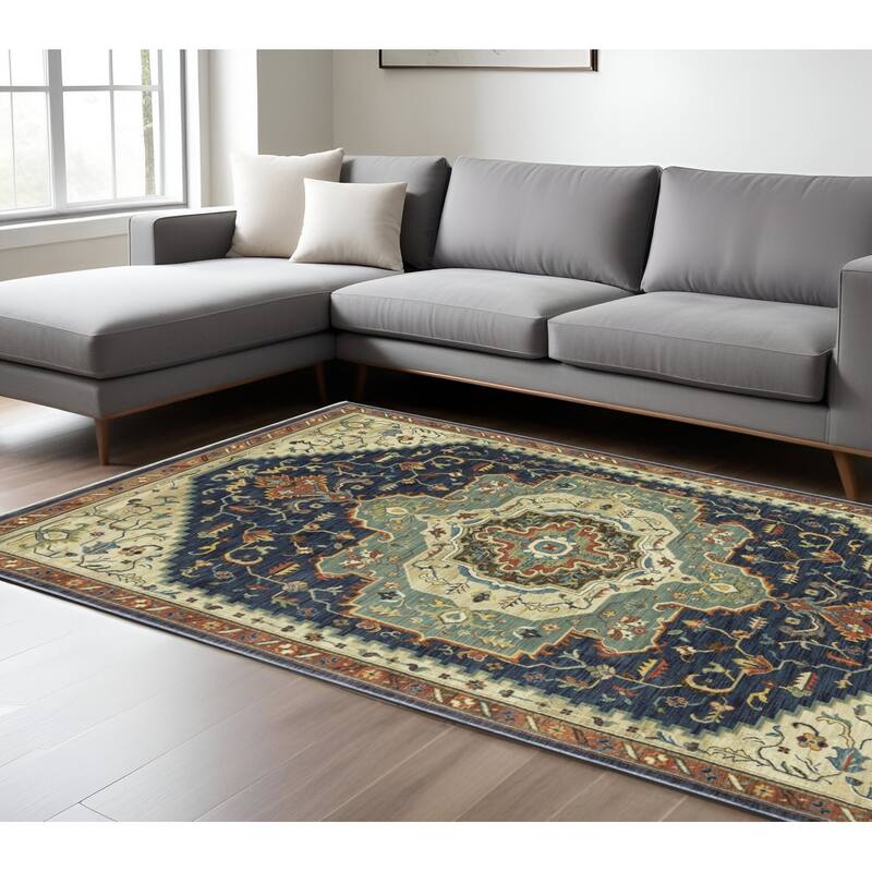 HomeRootsOriental Traditional Rectangle Area Rug - 116.54' X '78.74' X '0.32 - Blue/Orange/Ivory