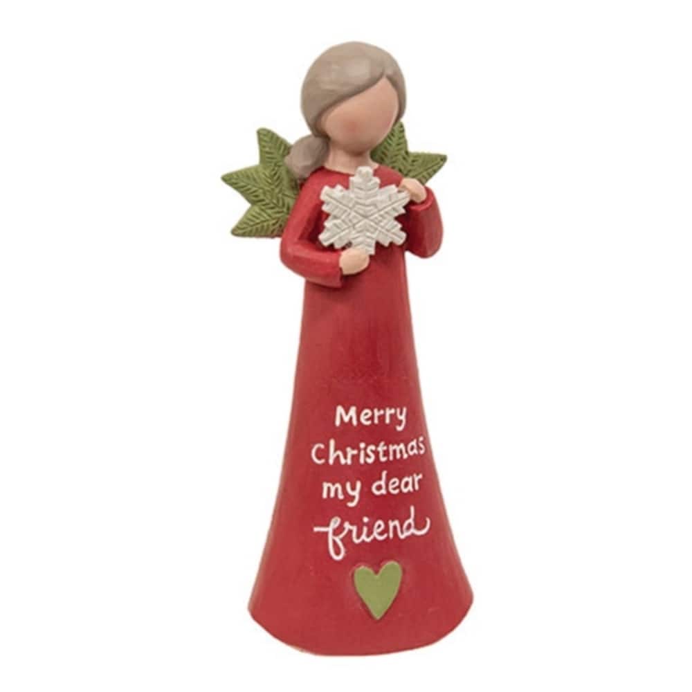 Red Dress Angel Figurine with Green Wings and Snowflake Christmas Shelf Sitter Holiday Decoration - 4.25" H x 1.5" W x 1.25" D