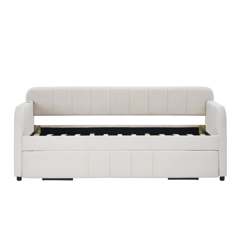 Twin Daybed with Trundle, Upholstered Velvet Frame, Space Saving Daybed Bed for Guest Room