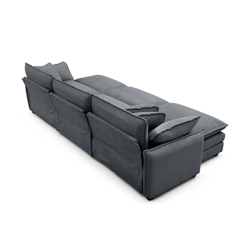 Grey 6-piece Corduroy Upholstered Modular Sleeper Sectional Sofa with 3 Removable Ottoman and 5 Pillows, Free Combination