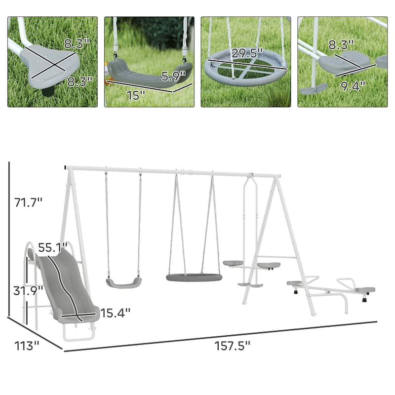 Outsunny 5-in-1 Kids Swing Set Backyard Playground Set, Metal Swing Set Kids Outdoor Playset Playground Equipment