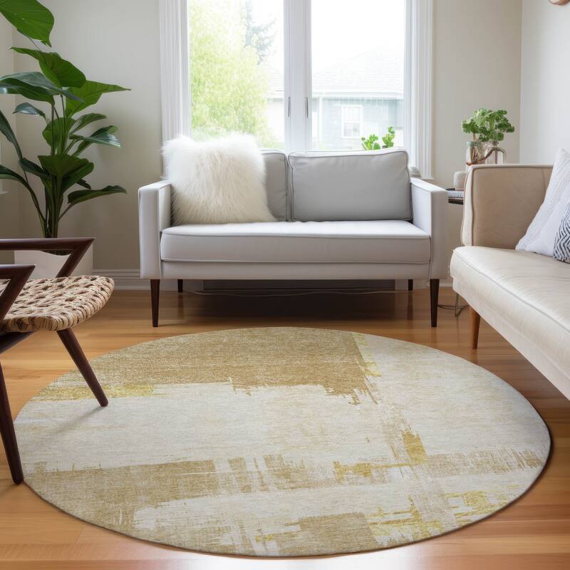 Machine Washable Indoor/ Outdoor Chantille Abstract Modern Rug - Beige - 8' x 8'