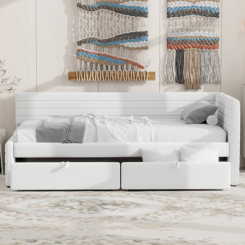 Twin Size Upholstered Daybed with Roll-Out Trundle, Space-Saving Wooden Frame, No Box Spring Needed