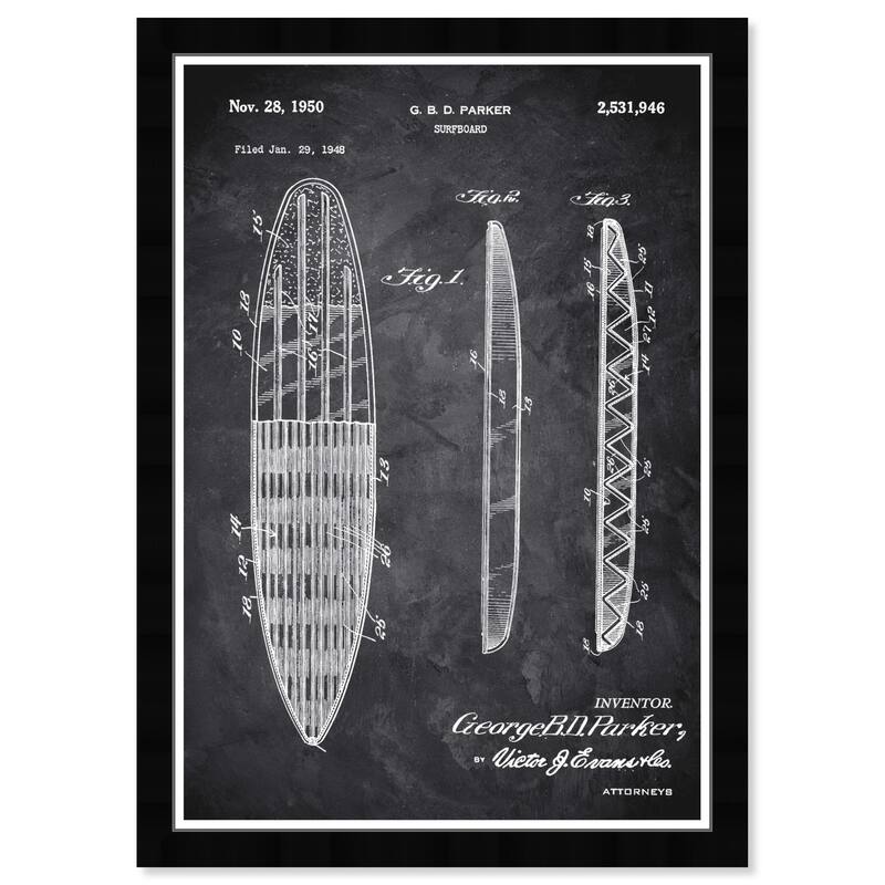 Wynwood Studio 'Surfboard 1948 Chalkboard' Sports and Teams Black Wall Art Framed Print