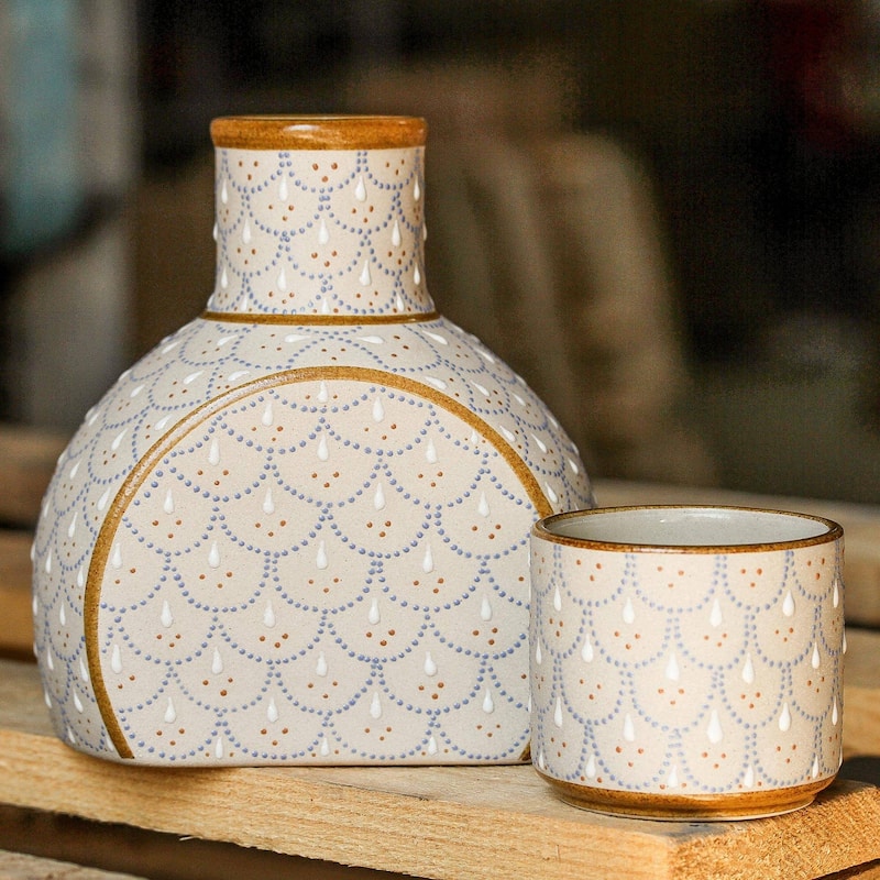NOVICA Artisan Handblown Ceramic Carafe Pitcher With Cup Grey Beige Liquor Decanters 'Downy Dew'(2 Piece Set)