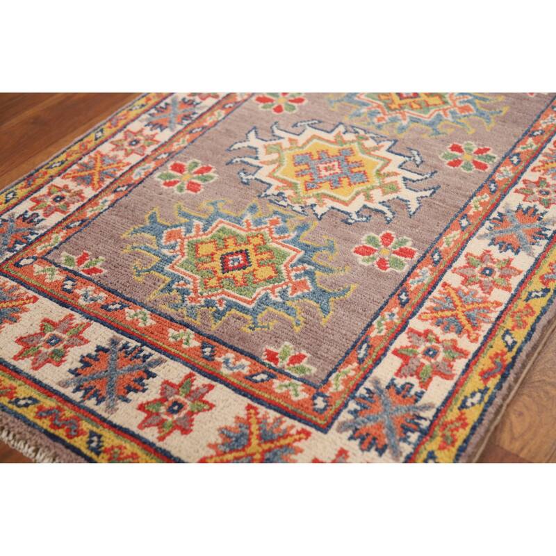 Geometric Kazak Oriental Rug Hand-Knotted Brown Wool Carpet - 2'0"x 3'0"
