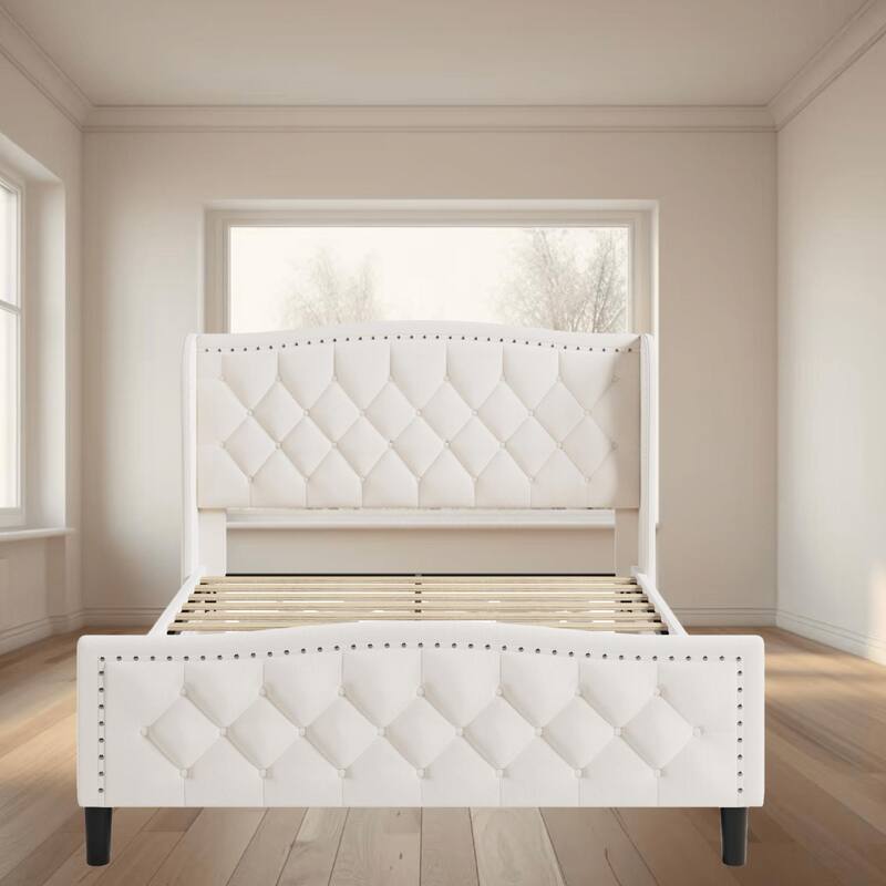 Modern Queen Size Upholstered Platform Bed Frame with Wingback Headboard, No Box Spring Needed, Easy Assembly for Bedroom - Off White - Queen