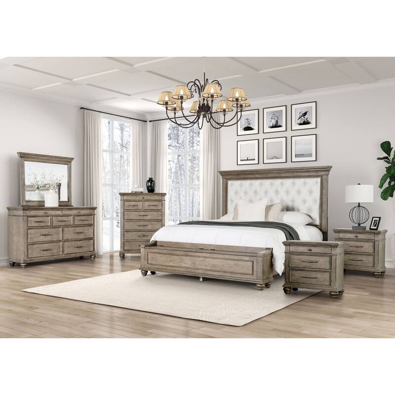 Furniture of America Rubb 6-Piece Aged Oak Wood Tufted Panel Bedroom Set with Storage Footboard Bench - Eastern King