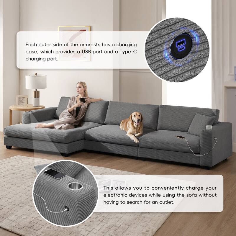 Spacious 4-Seater Corduroy Cloud Couch with Chaise, USB Charging Ports, and Cup Holders