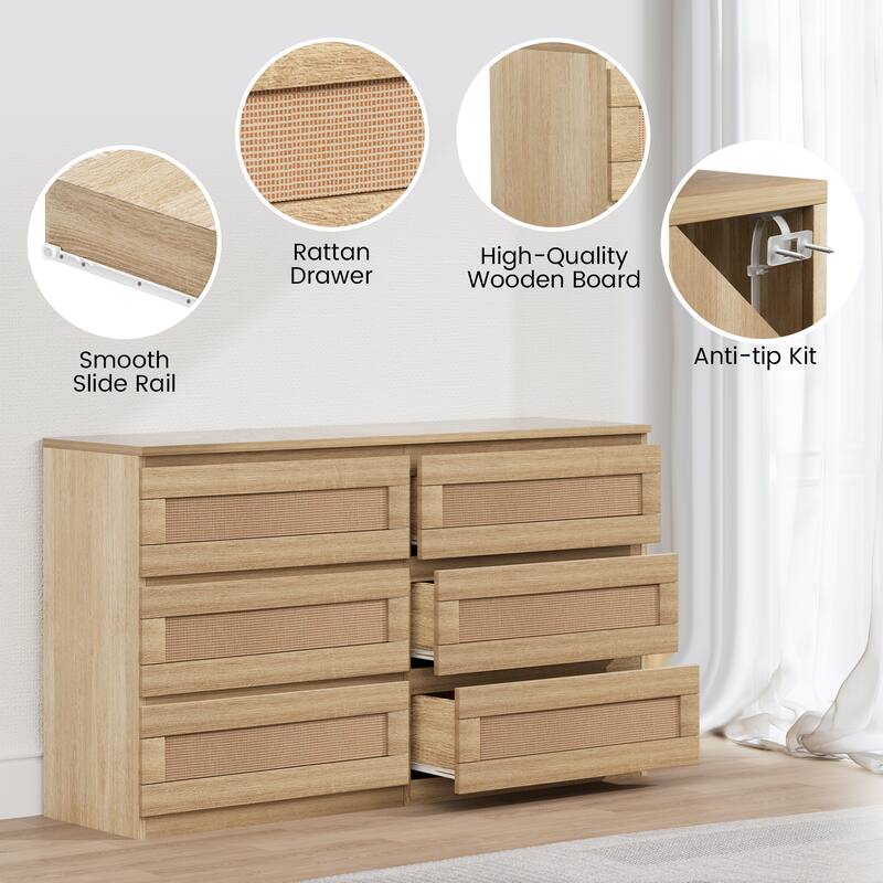 6 Drawer Dresser Wide Chest of Drawers for Bedroom