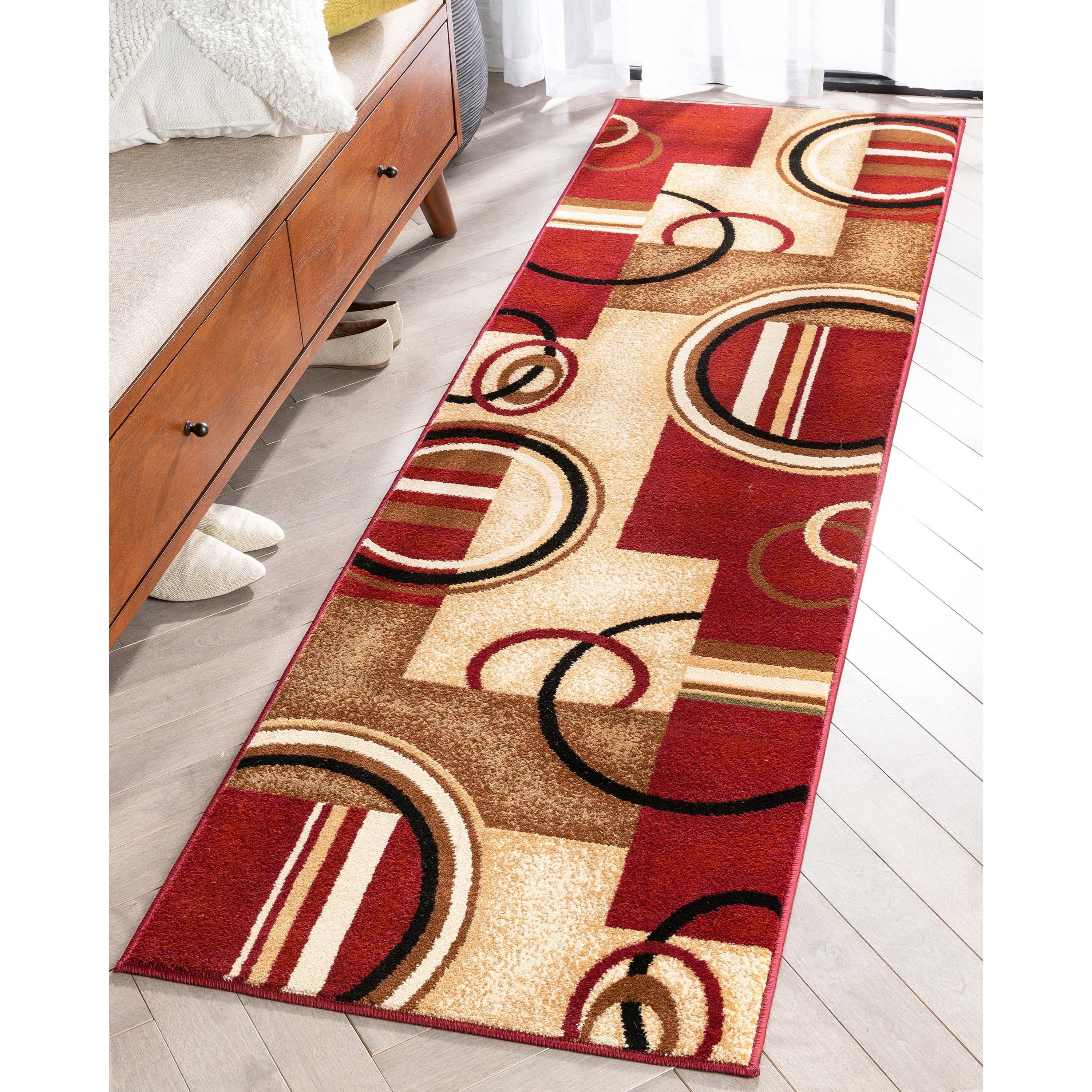 Well Woven Arcs Shapes Geometric Abstract Modern Red Ivory Beige Runner Rug - 2' 3" x 7' 3"