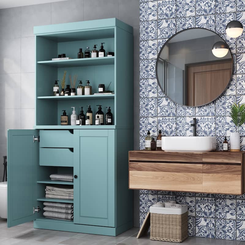 100% Solid Wood 32" Bathroom Cabinet with Optional Doors, 2-Drawers by Palace Imports - Aqua Blue - 2 Solid Doors