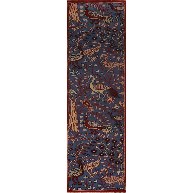 Animals Design Blue Ziegler Oriental Runner Rug Handmade Wool Carpet - 2'7"x 9'11"