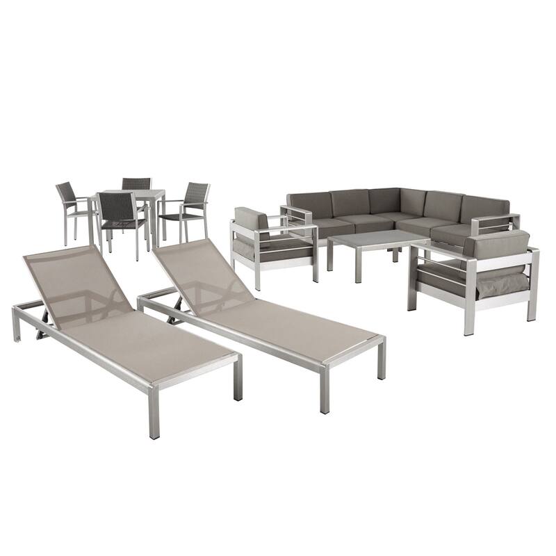 Cape Coral Outdoor Dining Set + Sectional Sofa Set + Club Chairs + 2 Chaise Lounges + Coffee Table by Christopher Knight Home - Silver + Gray + Khaki