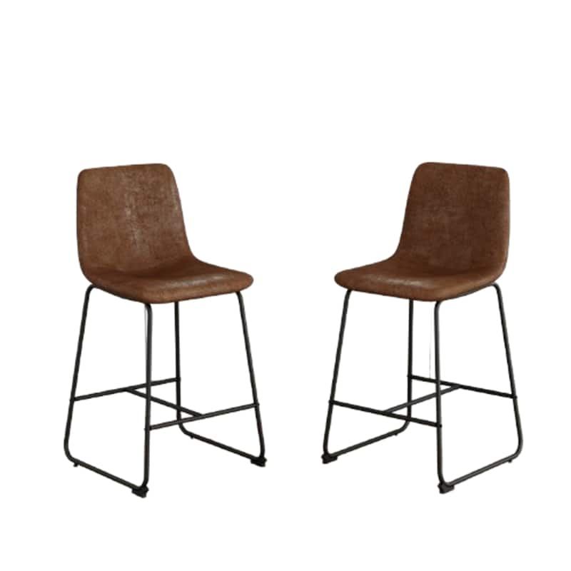 Set of 2 Comfy Brown Suede Bar Stools 37 Inch Tall Retro Industrial Design for Home Cafe
