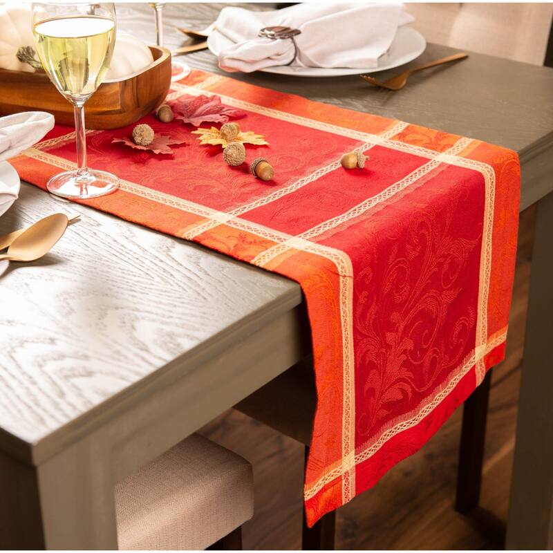Checkered and Damask Cotton Table Runner - 72" - Red and Orange