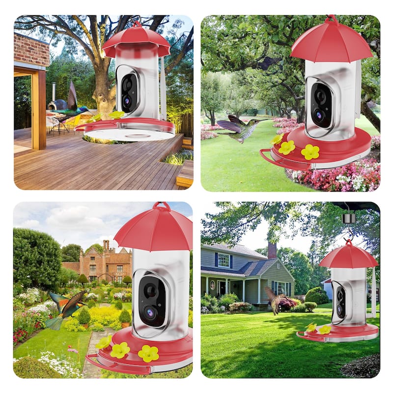 Plastic Hummingbird Feeder, 5200mAh Battery w Solar Panel and Camera IP65 Water Proof, Ant Moat and Bee-proof features