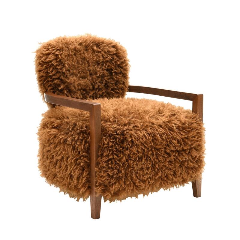 1pc Accent Chair Raked Wooden Arms Tight Back And Seat Soft Faux Fur Contemporary Living Room Furniture