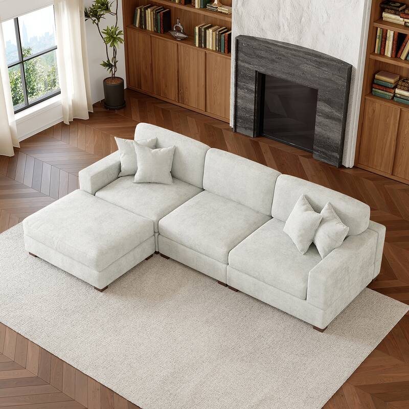 Oversized Chenille Modular Sectional Sofa Living Room Set with Ottoman - Off-White/4 Piece