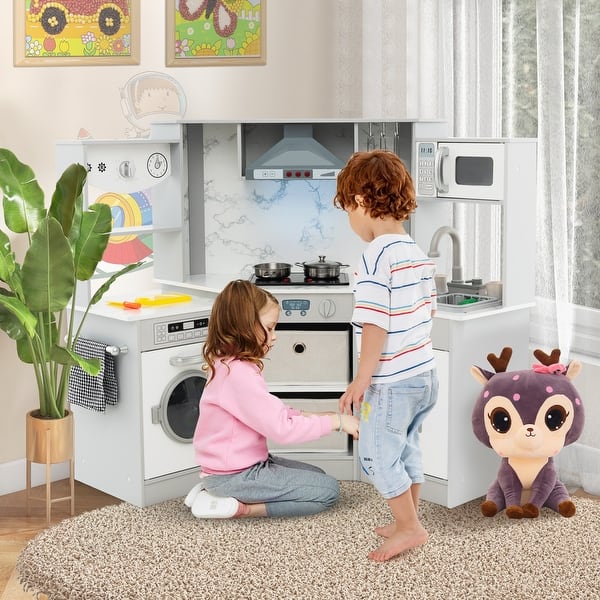 slide 2 of 9, Wooden Kids Play Kitchen Playset with Realistic Lights and Sounds-Grey - 40” x 20” x 33.5” Grey