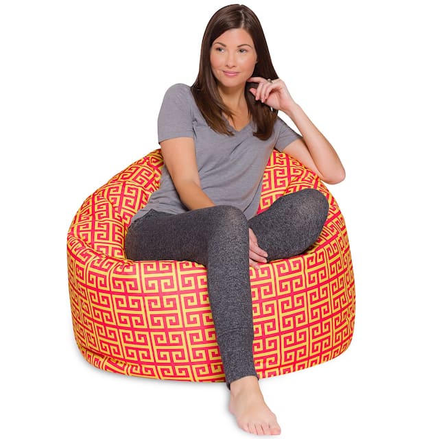 Kids Bean Bag Chair, Big Comfy Chair - Machine Washable Cover - 48 Inch Extra Large - Pattern Scrolls Red and Yellow