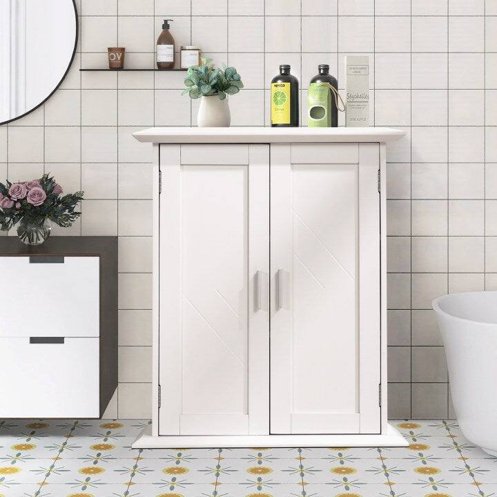 VECELO Small Coffee Bar Cabinet Kitchen Storage Cabinet Farmhouse Buffet Sideboard with Door and Adjustable Shelf Accent Cabinet