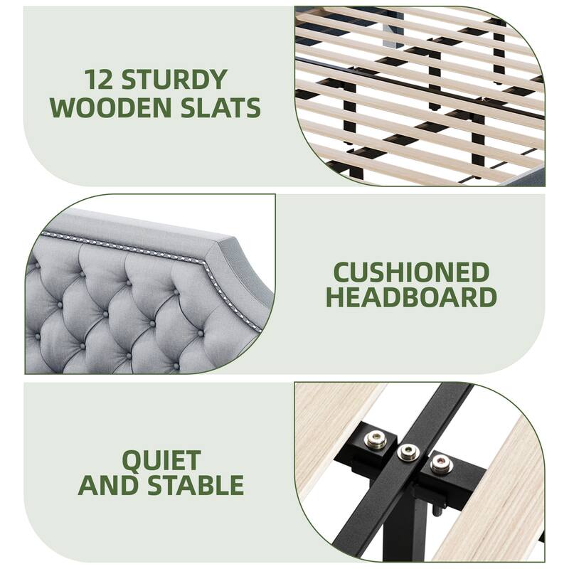 Moasis Upholstered Tufted Bed Frame with Adjustable Height Headboard