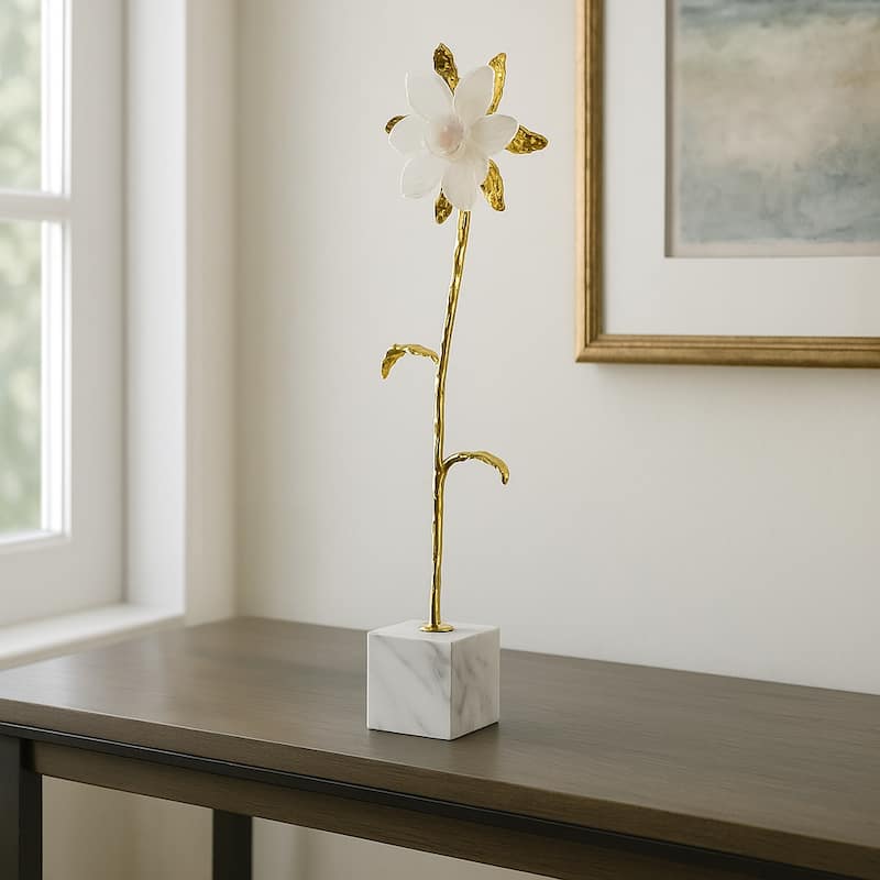 Luxury Floral Decorative Sculpture with Gold Accents and Marble Base